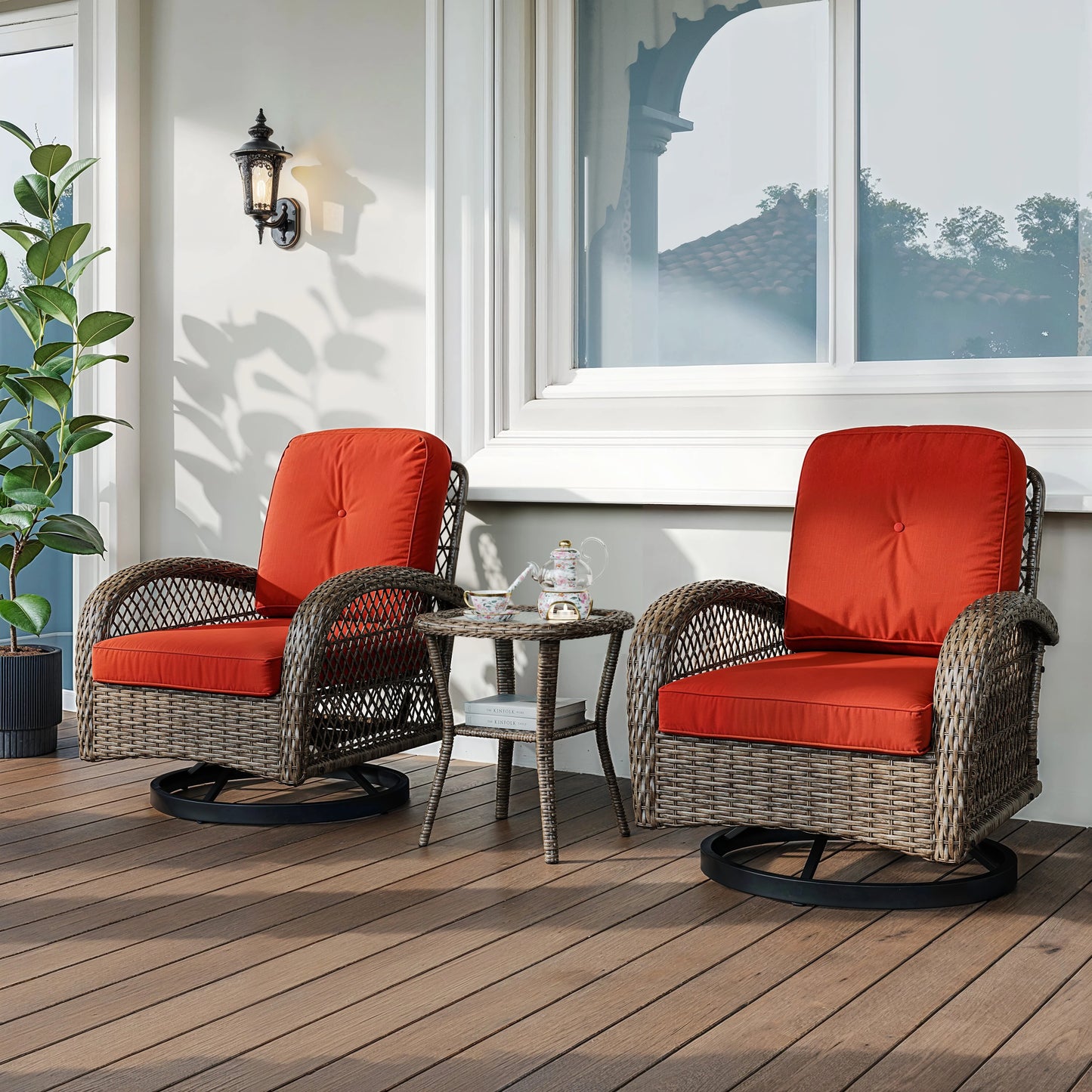 HOOMIC 3-Piece Patio Bistro Set β Swivel Rocking Chairs with Cushions & Side Table