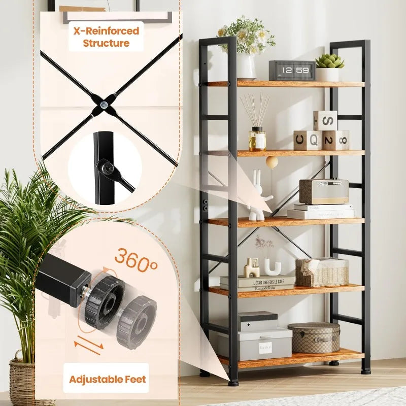 5-Tier Modern Bookshelf – Tall Industrial Storage for Laundry Room, Office, Garage Organization