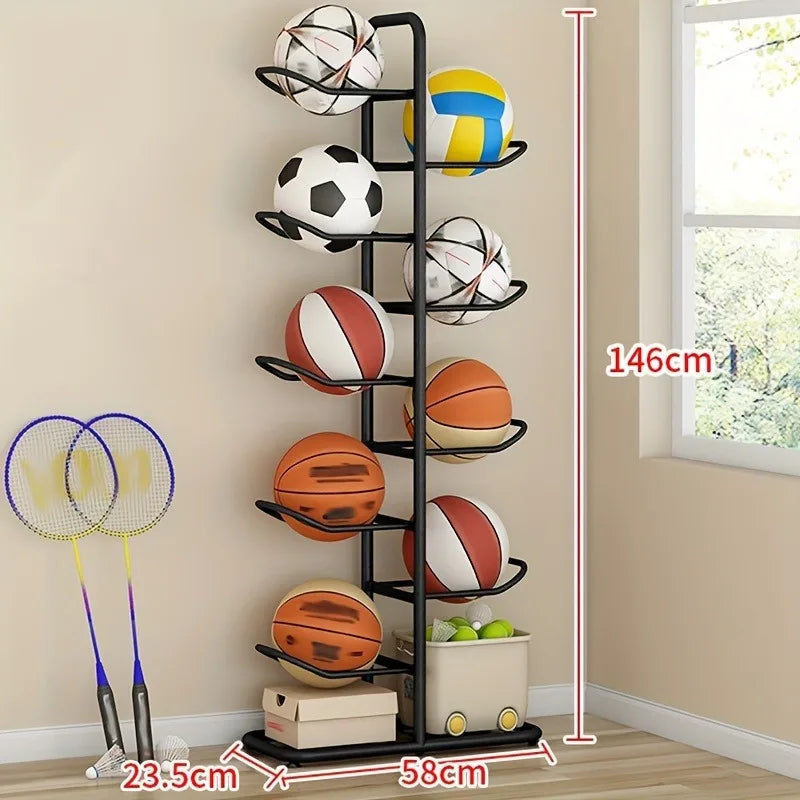 Sports Ball Storage Rack with Basket & Hooks – Garage Organizer & Basketball Stand