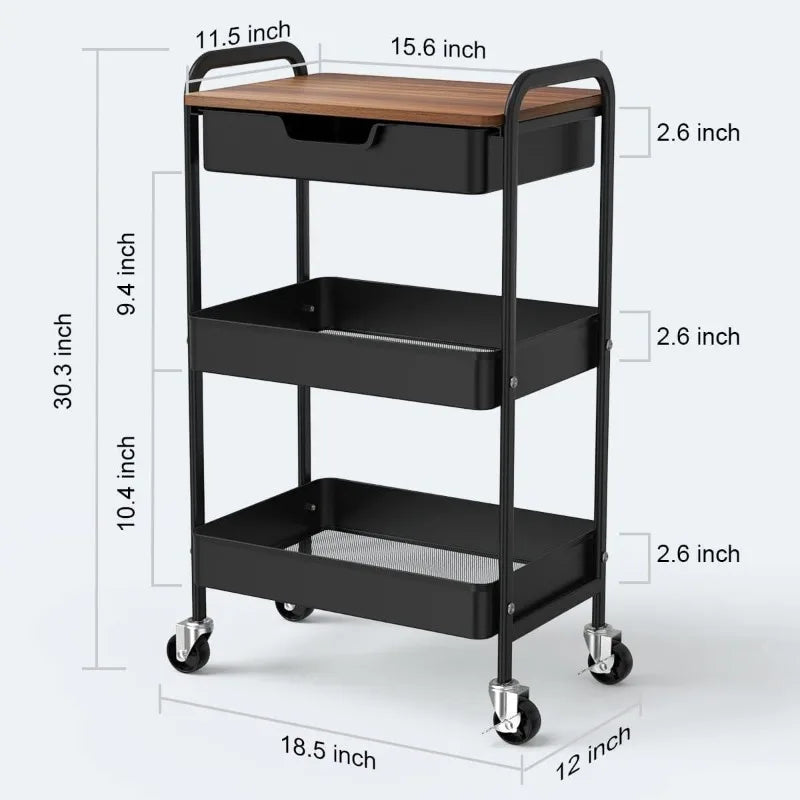 3-Tier Rolling Utility Cart with Drawer and Wood Top – Metal Storage Organizer