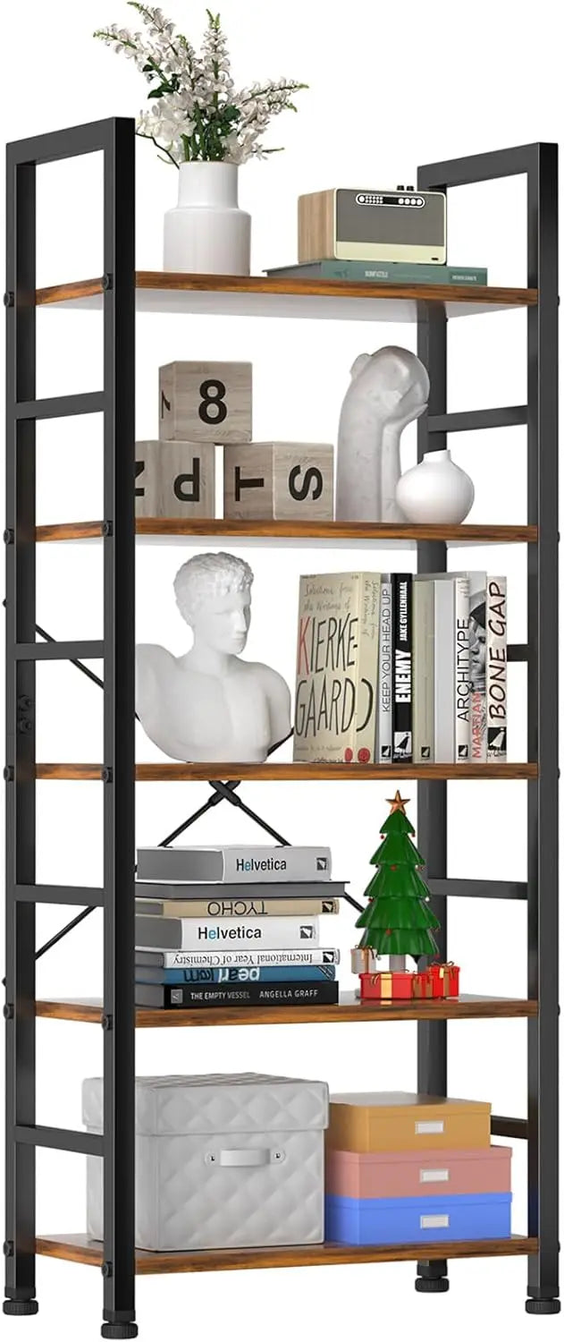 5-Tier Modern Bookshelf – Tall Industrial Storage for Laundry Room, Office, Garage Organization