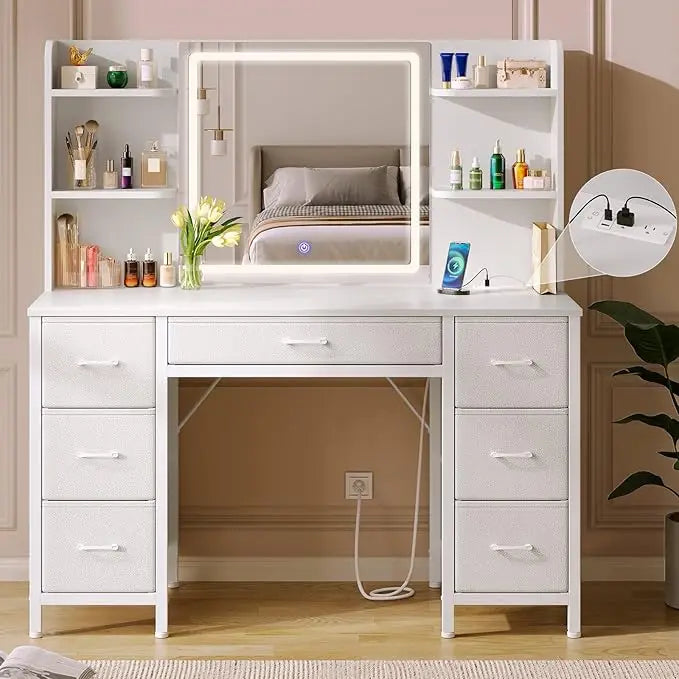Vanity Desk with Lighted Mirror, Power Outlet & 7 Drawers, 6 Shelves, 3 Lighting Modes