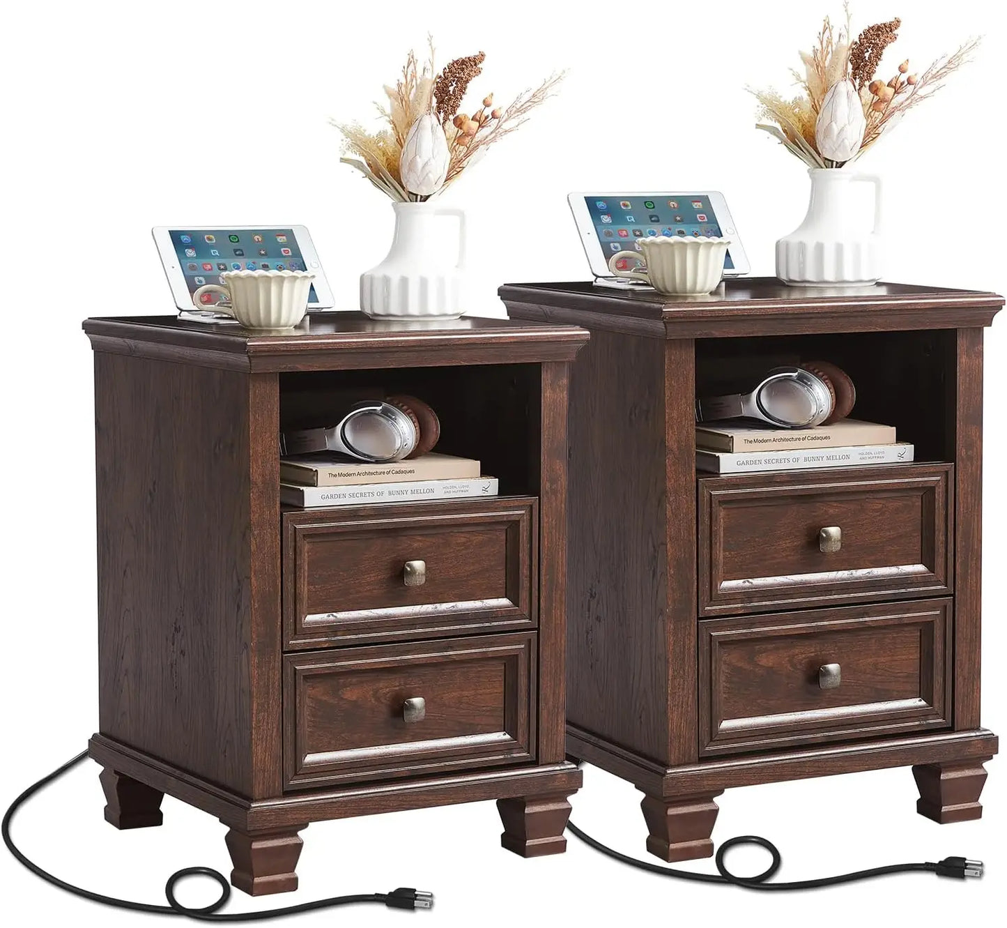 24" Farmhouse Walnut Nightstand with Charging Station, 2 Drawers End Table