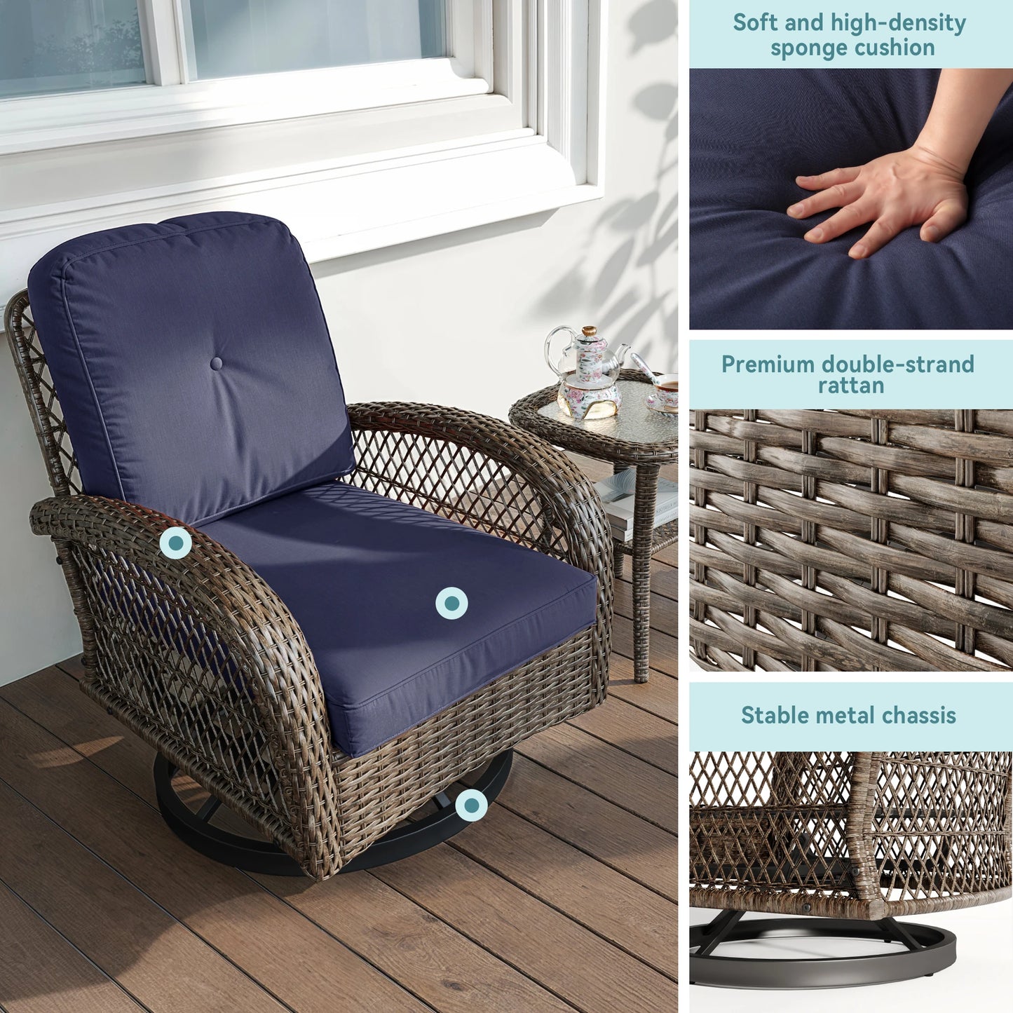 HOOMIC 3-Piece Patio Bistro Set β Swivel Rocking Chairs with Cushions & Side Table