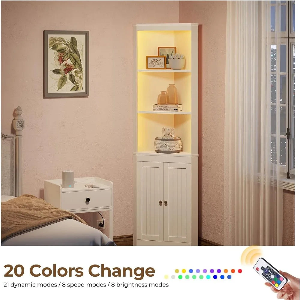 5-Tier LED Corner Shelf with Doors - Tall White or Black Cabinet
