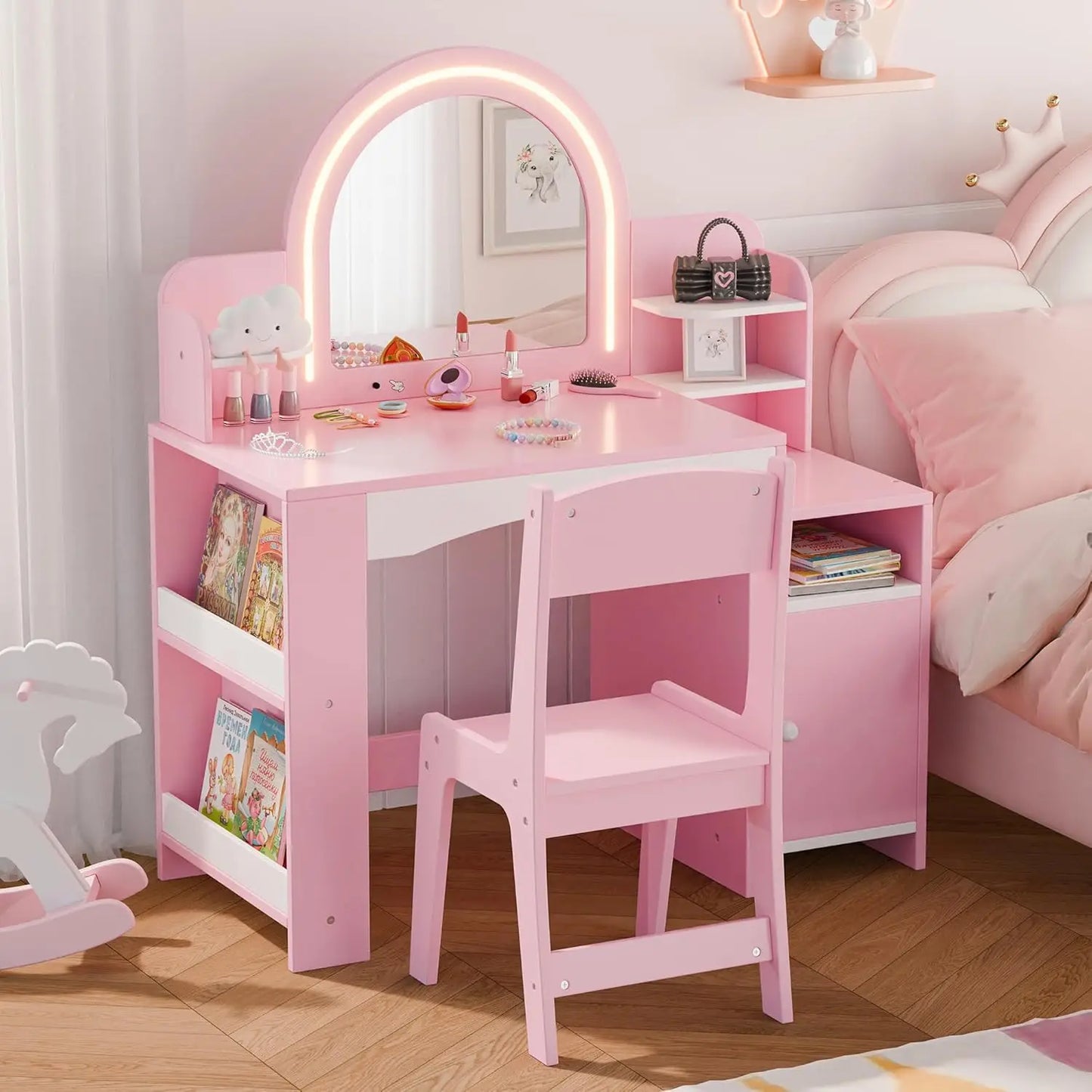 2-in-1 Kids Vanity Desk with LED Mirror & Bookshelf – Includes Chair