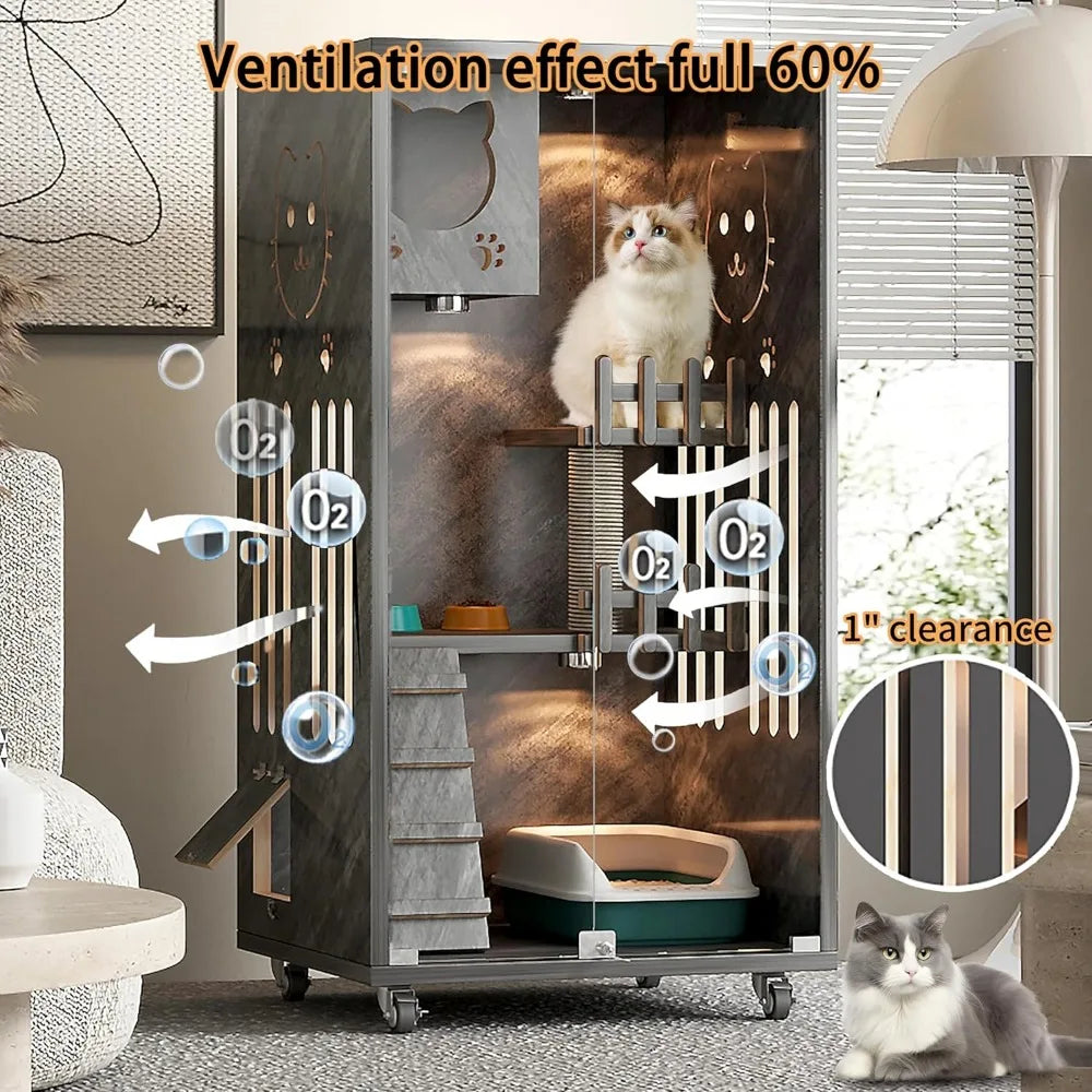 Wooden Cat House with Wheels β Multi-Level Enclosure & Scratching Post for Indoor/Outdoor