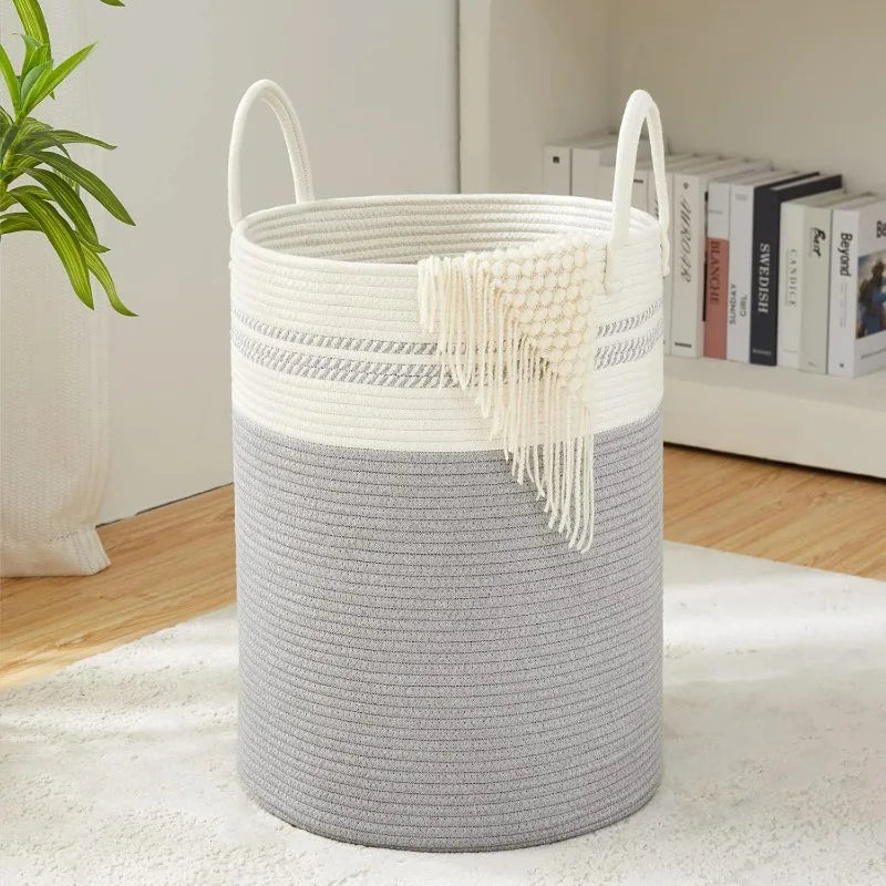 Woven Rope Laundry Hamper Basket, 58L Tall Blanket, Clothes Organizer