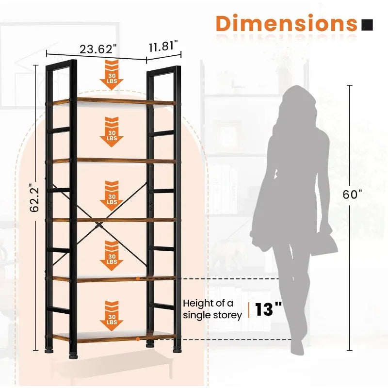 5-Tier Modern Bookshelf – Tall Industrial Storage for Laundry Room, Office, Garage Organization