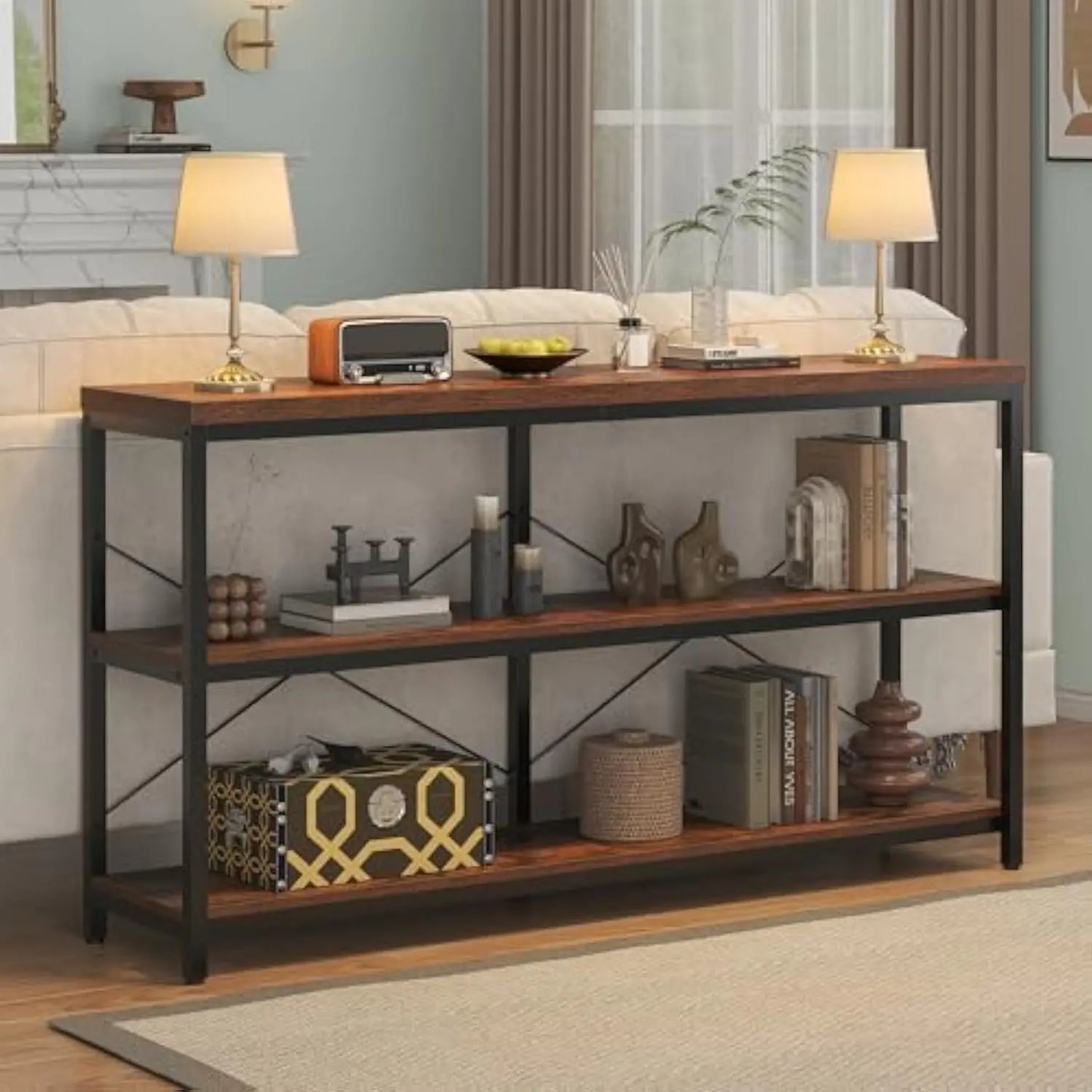 55.1" Narrow Console Table - Extra Long 3-Tier Wood Storage Shelf