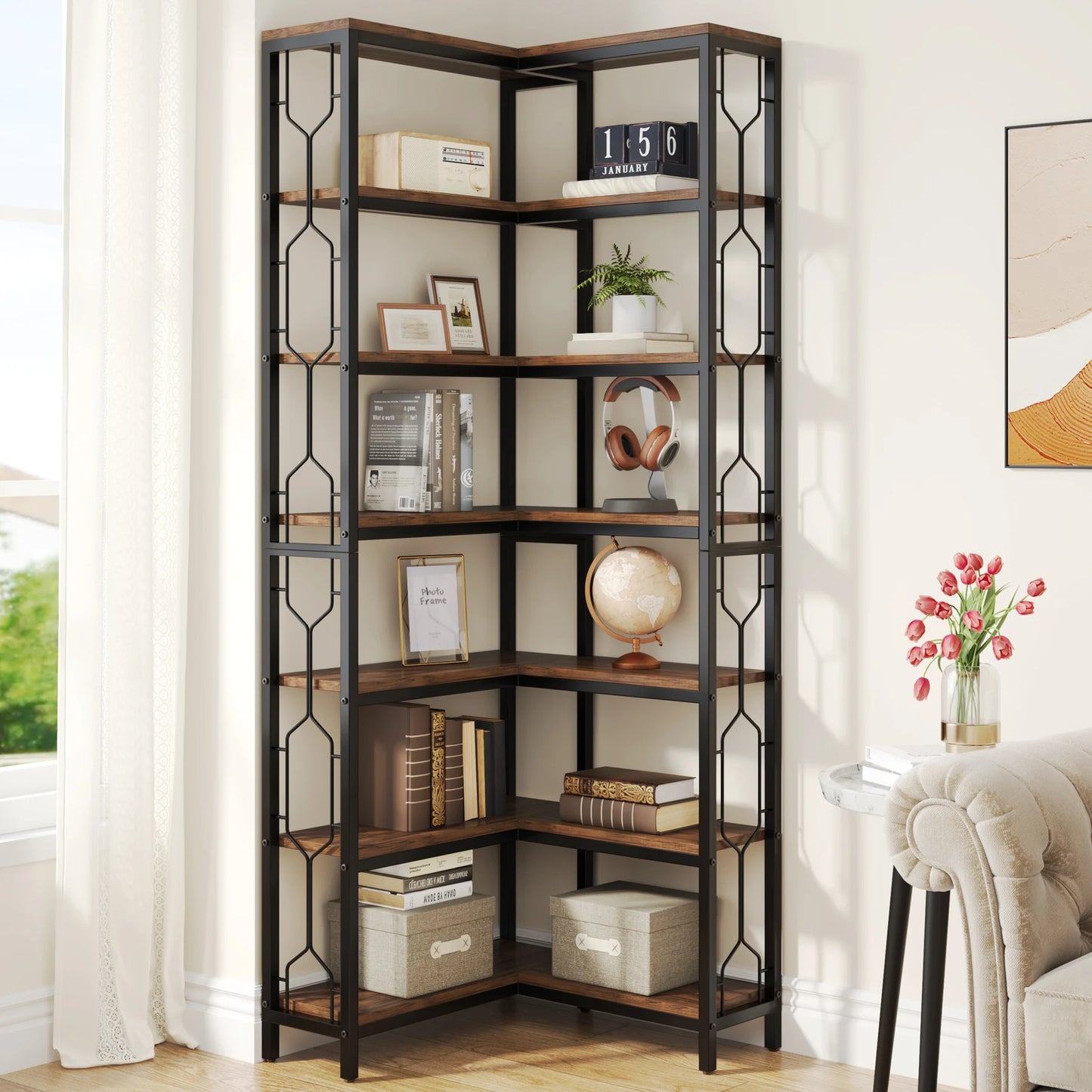 Tribesigns 7-Tier Corner Shelf, Wood & Metal Freestanding Bookcase or Display Shelf
