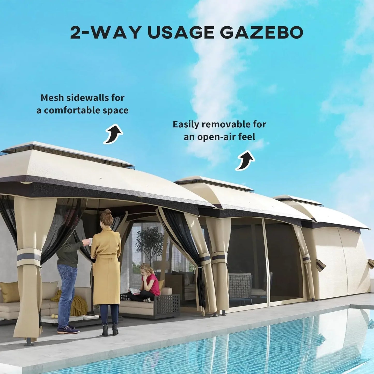 ✅ 10' x 13' Patio Gazebo with Netting – Beige Canopy Shelter, Sturdy Steel Frame