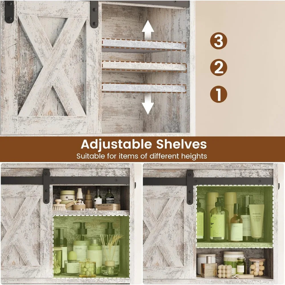 Farmhouse Over-the-Toilet Storage Cabinet with Sliding Barn Doors, Adjustable Shelves