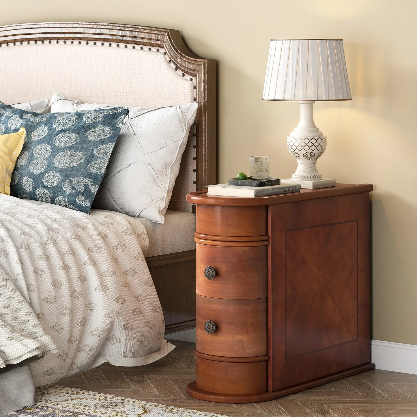Tribesigns Narrow Bedside Nightstand with Round Solid Wood, 2 Drawers