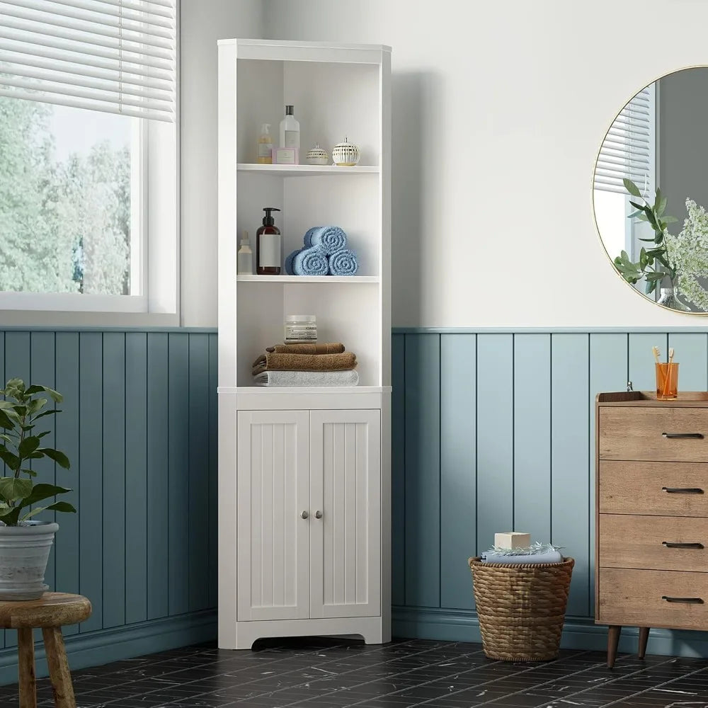 5-Tier LED Corner Shelf with Doors - Tall White or Black Cabinet