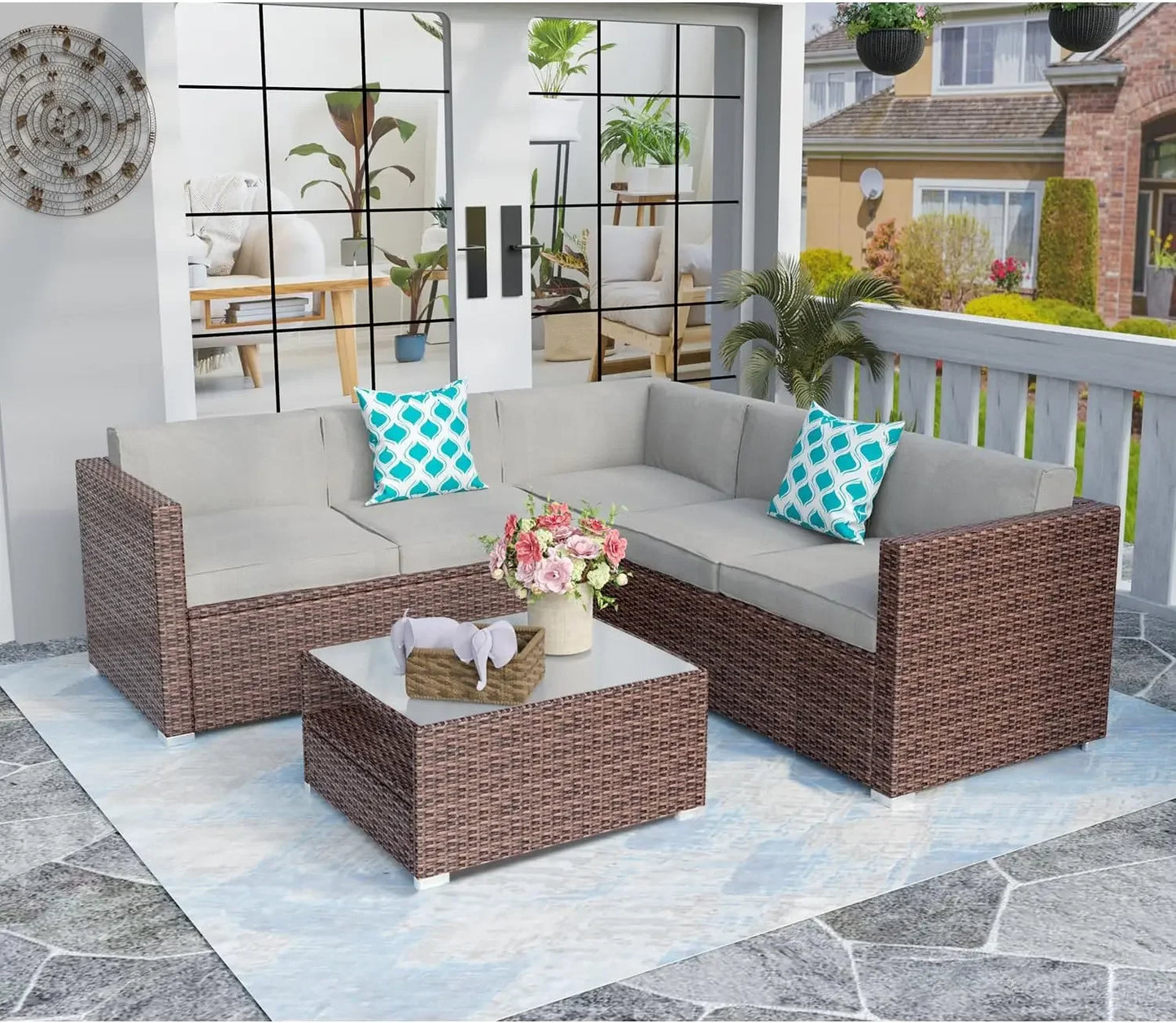 πΏ 6-Piece Outdoor Wicker Patio Set | Sofa Comes with Gray or Sky Blue Cushions