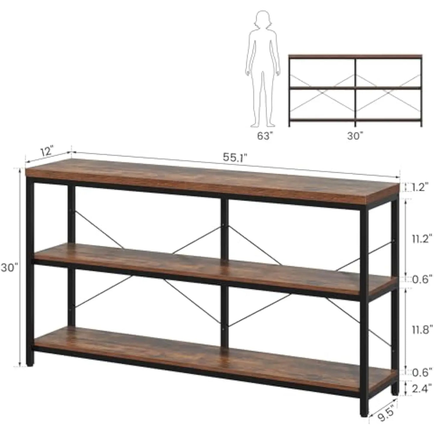 55.1" Narrow Console Table - Extra Long 3-Tier Wood Storage Shelf