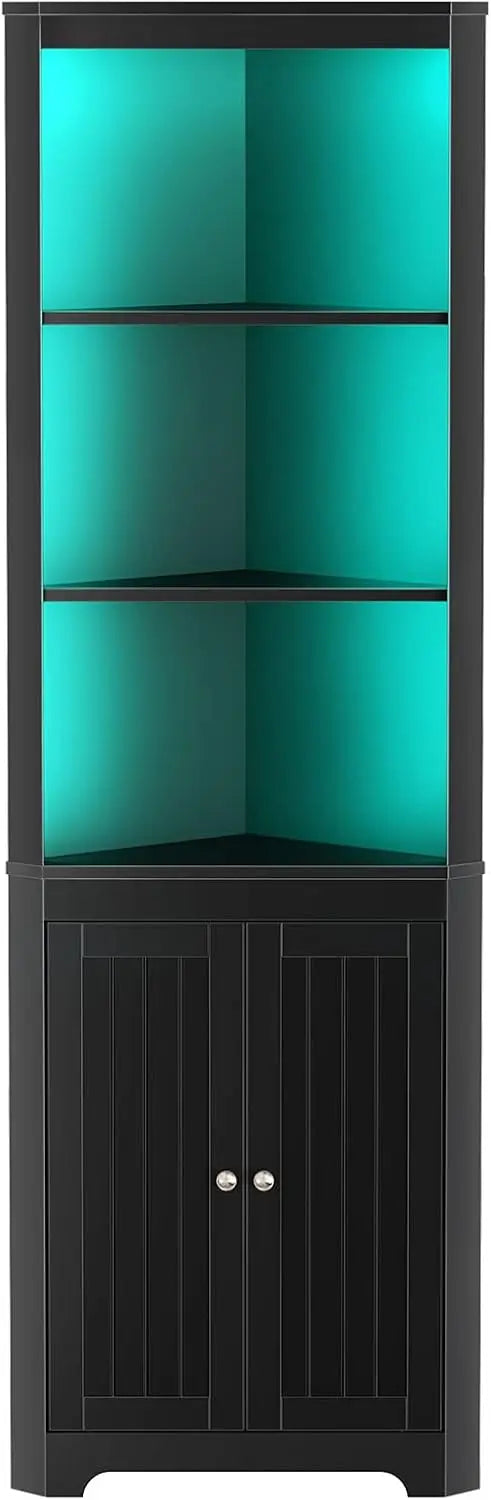 5-Tier LED Corner Shelf with Doors - Tall White or Black Cabinet