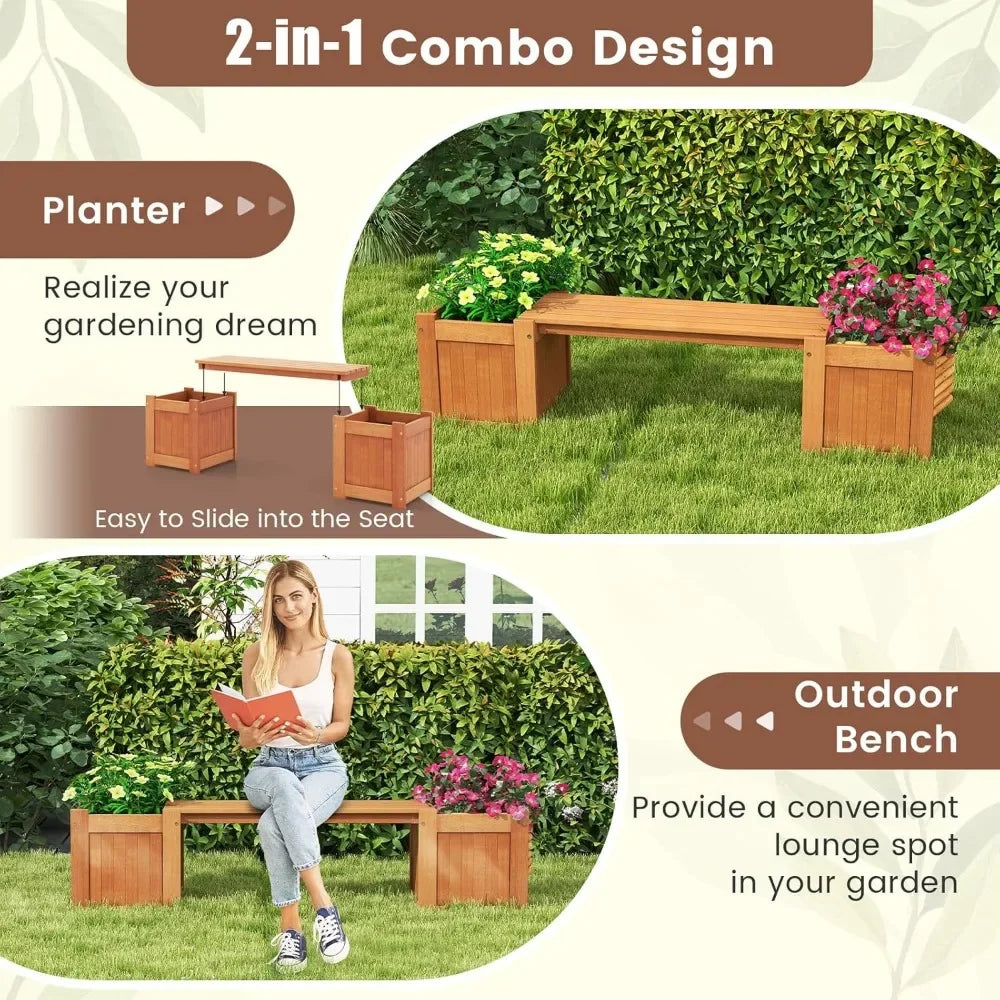 Rustic Garden Bed with Bench – Deep Wooden Planter Box for Outdoor Growing