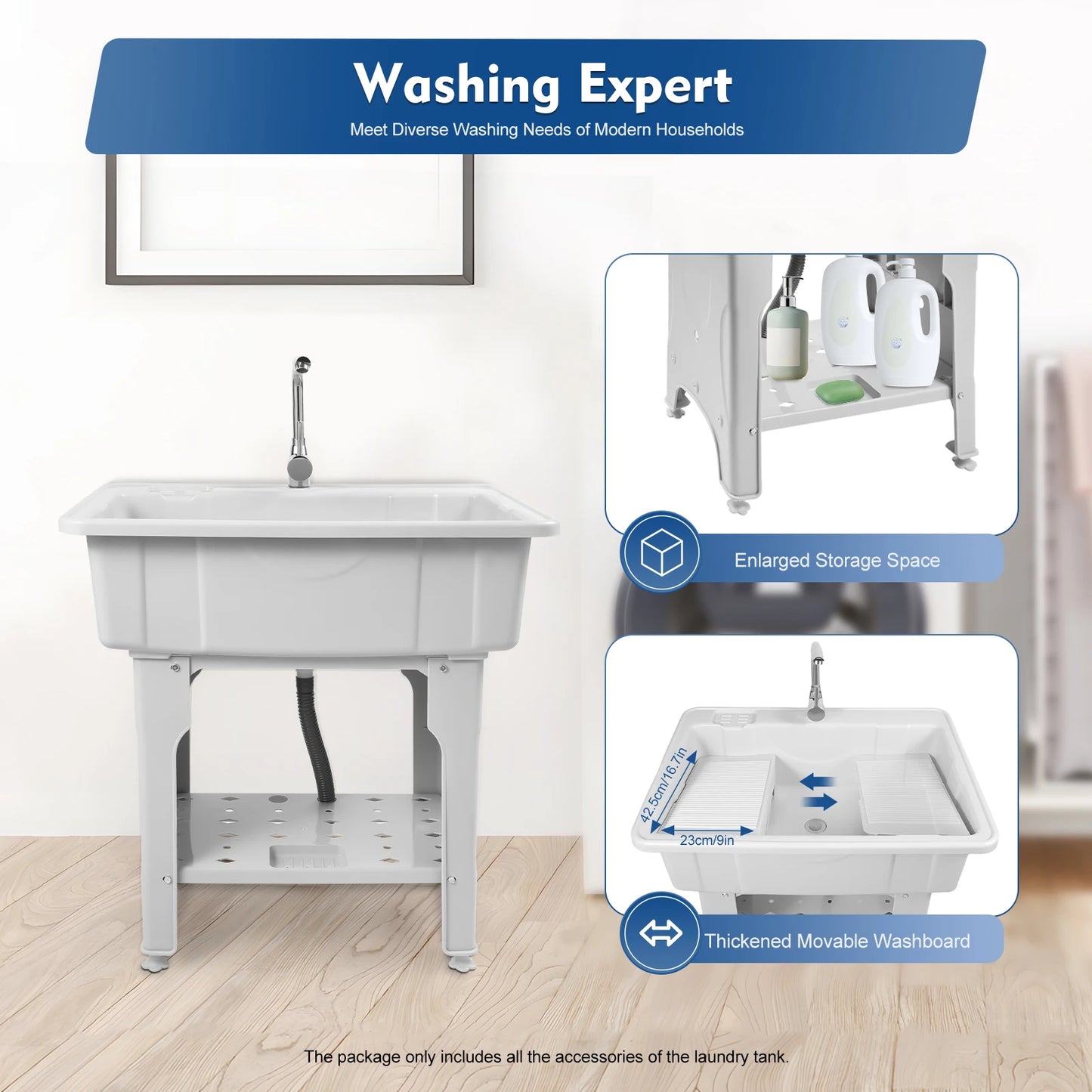 Detached Plastic Laundry Sink with Faucet & Washing Board