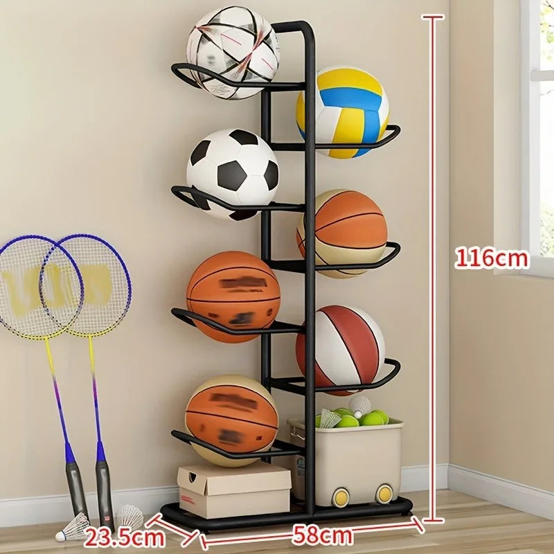 Sports Ball Storage Rack with Basket & Hooks – Garage Organizer & Basketball Stand