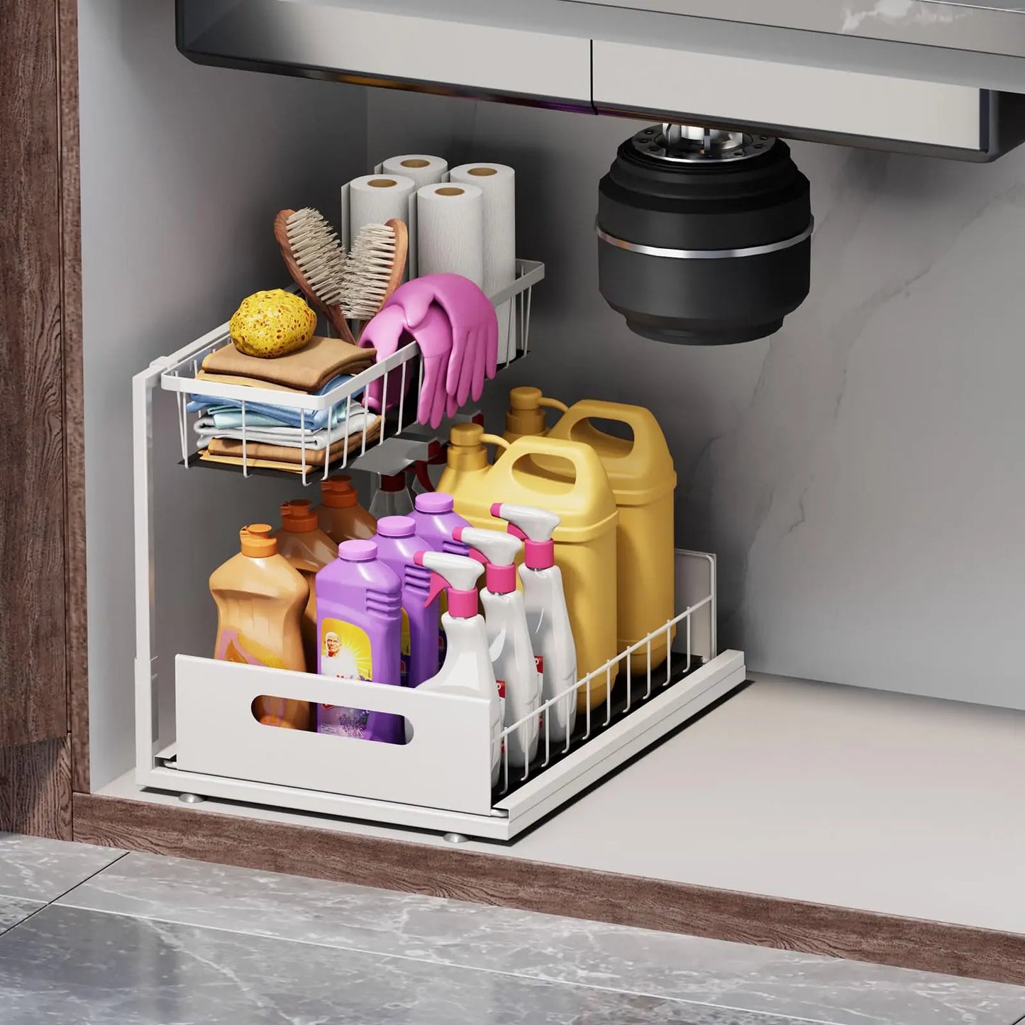 2-Tier Slide-Out Under Sink Organizer, Sturdy Metal Storage for Bathroom or Kitchen