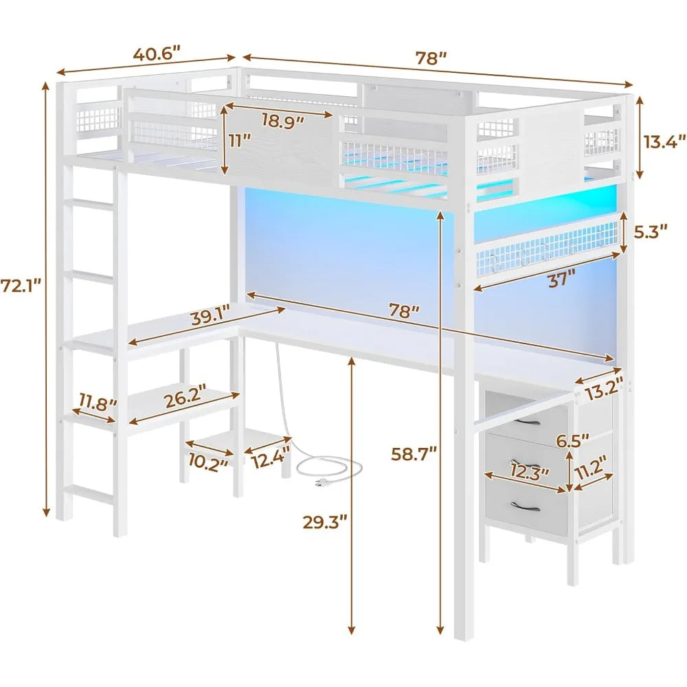 LED Twin Loft Bed with Desk & Drawers