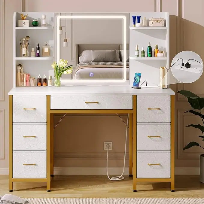 Vanity Desk with Lighted Mirror, Power Outlet & 7 Drawers, 6 Shelves, 3 Lighting Modes