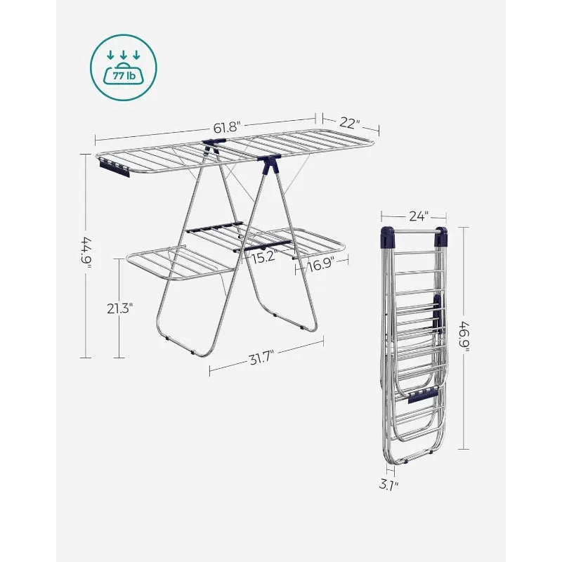 SONGMICS Foldable 2-Level Clothes Drying Rack, Adjustable Height