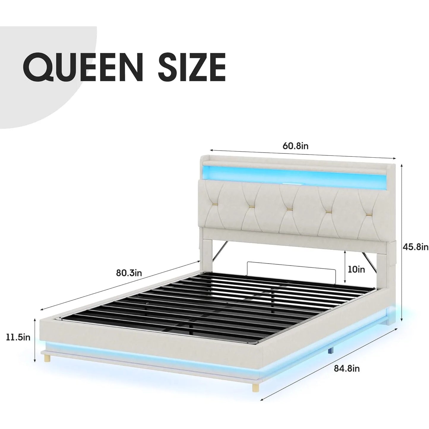 Queen Size Lift-Up Storage Bed with Headboard, LED, Charging Station