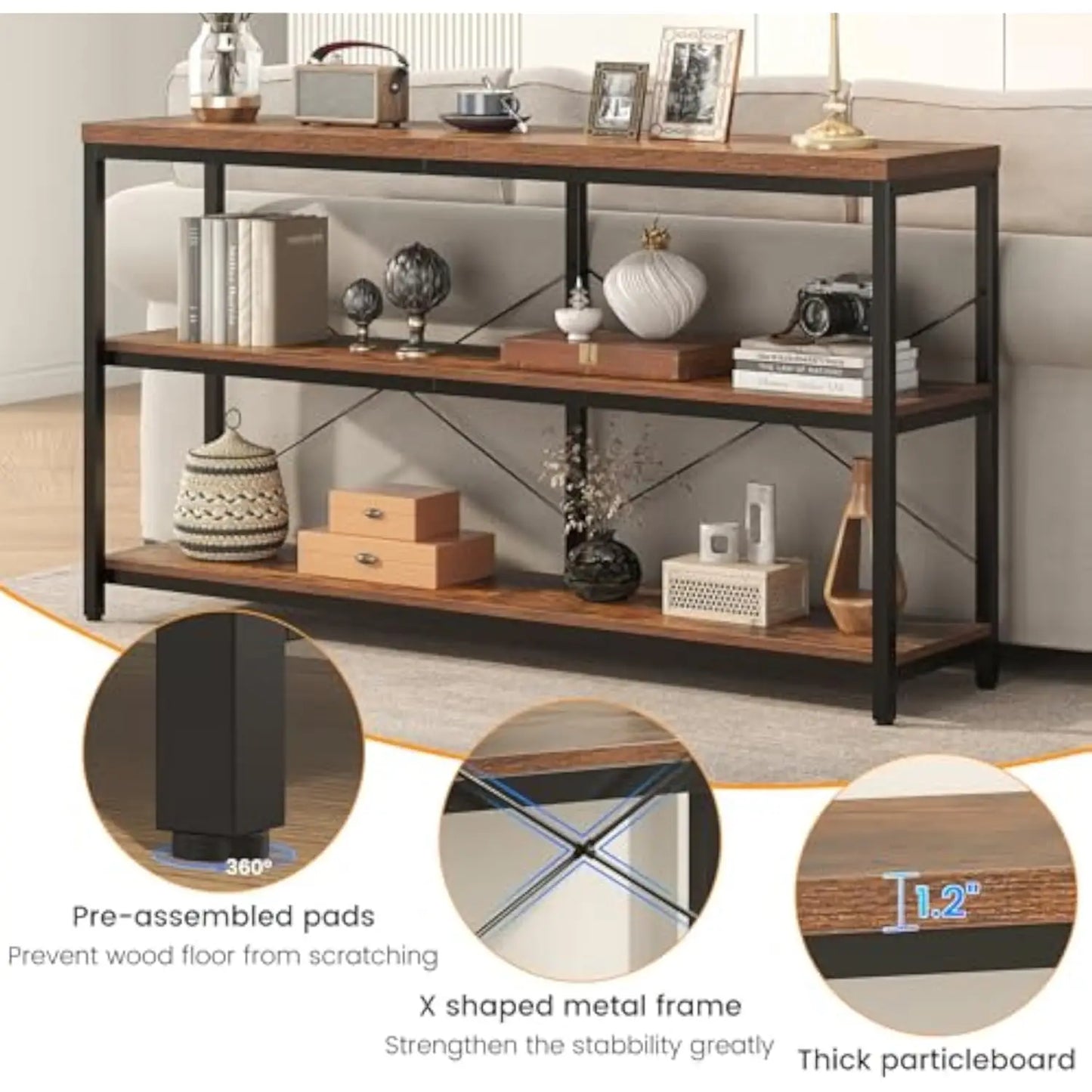 55.1" Narrow Console Table - Extra Long 3-Tier Wood Storage Shelf