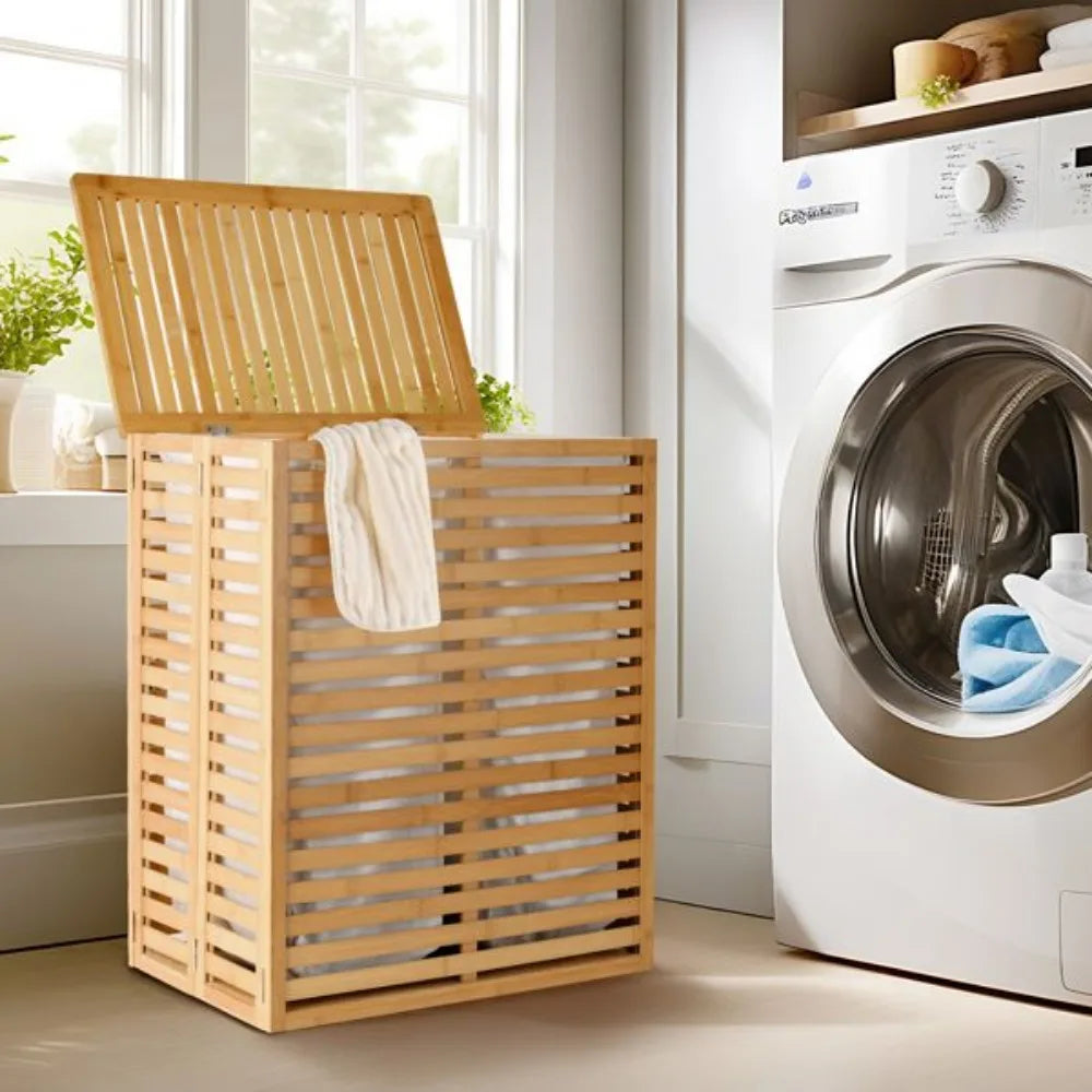 Foldable Bamboo Laundry Hamper with Lid, 2-Section Removable Liner