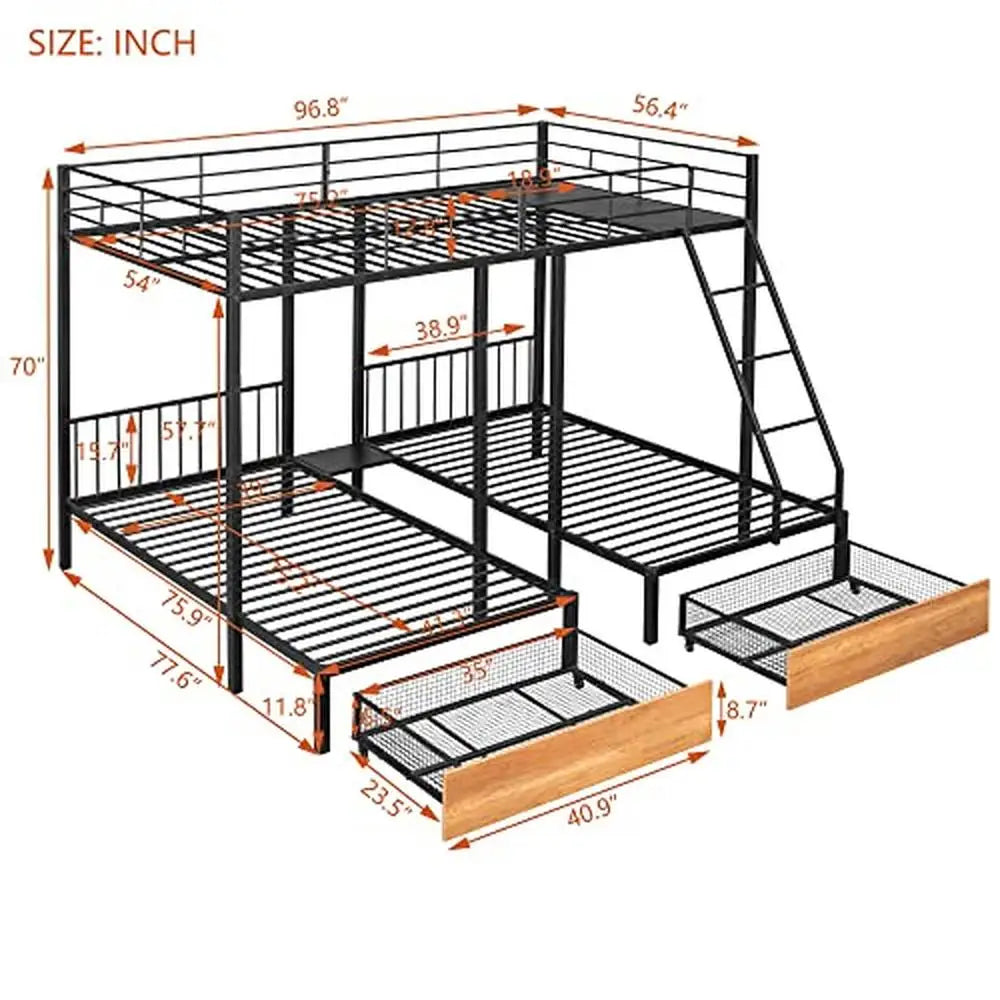 Metal Full/Twin Triple Bunk Bed with Guardrails & Drawers No Box Spring