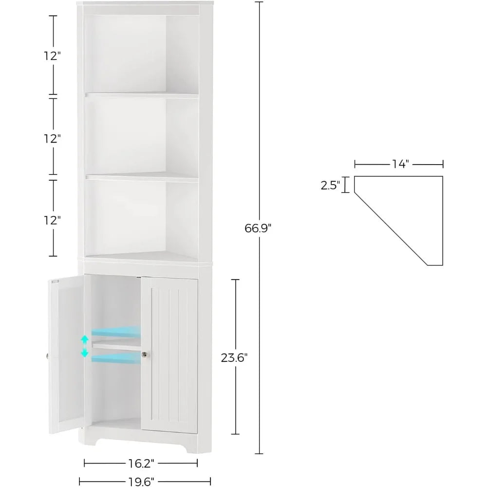 5-Tier LED Corner Shelf with Doors - Tall White or Black Cabinet
