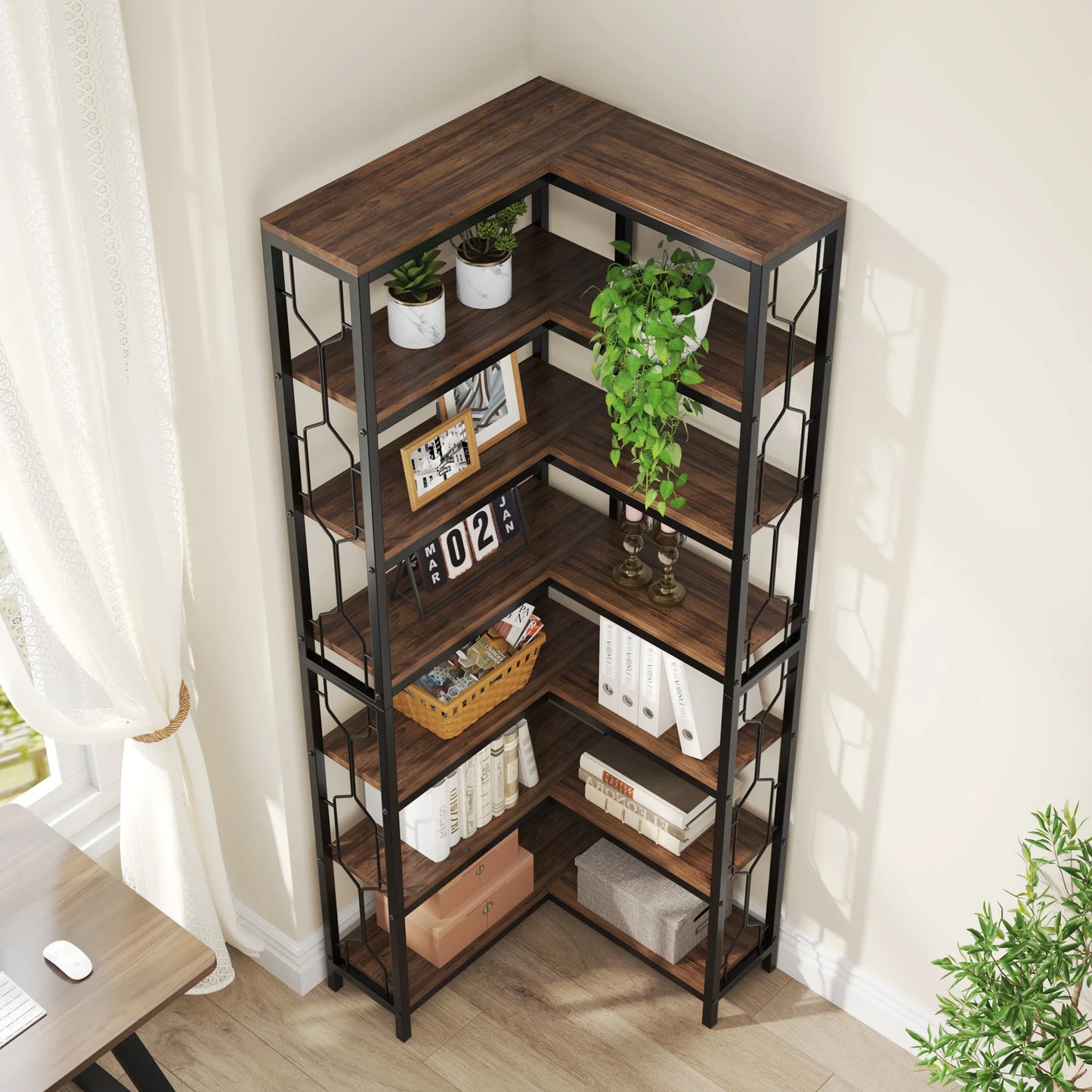 Tribesigns 7-Tier Corner Shelf, Wood & Metal Freestanding Bookcase or Display Shelf