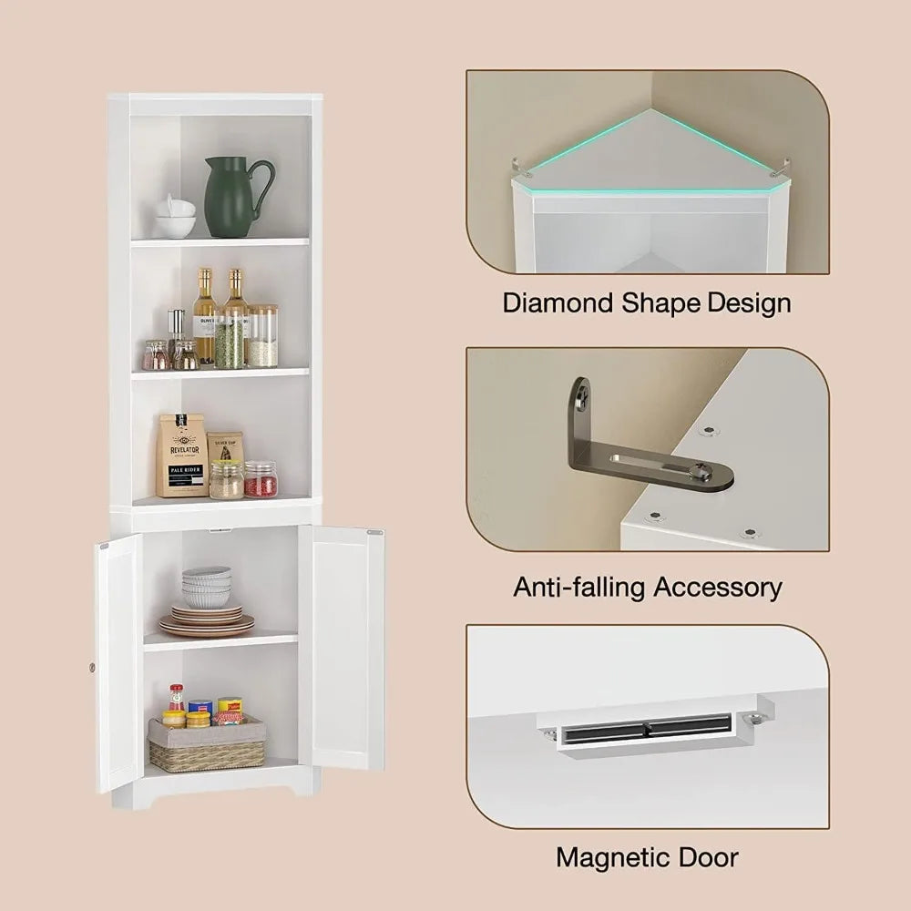 5-Tier LED Corner Shelf with Doors - Tall White or Black Cabinet