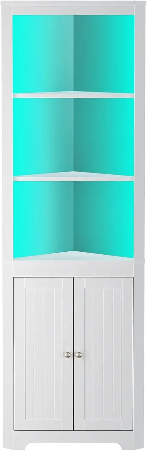 5-Tier LED Corner Shelf with Doors - Tall White or Black Cabinet