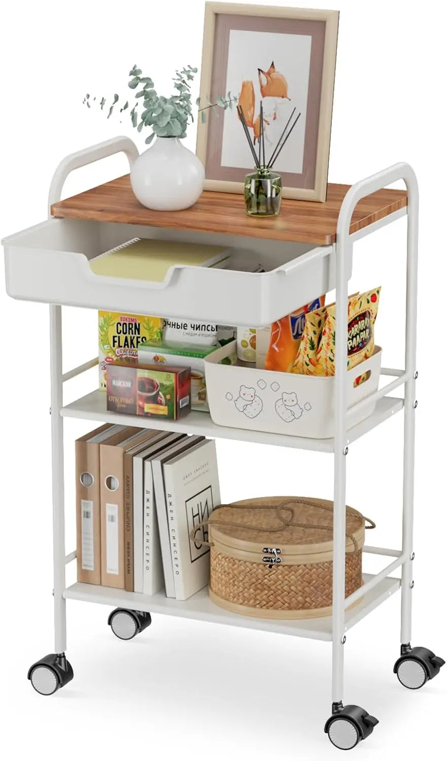 3-Tier Rolling Utility Cart with Drawer and Wood Top – Metal Storage Organizer