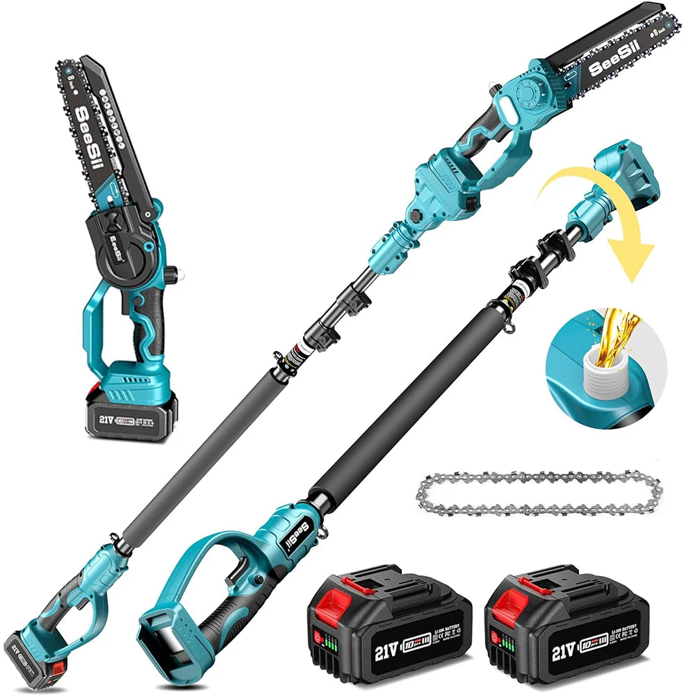 2-in-1 Cordless Electric Chainsaw & Pole Saw – 8" with 3M Extension for Tree Trimming & Pruning