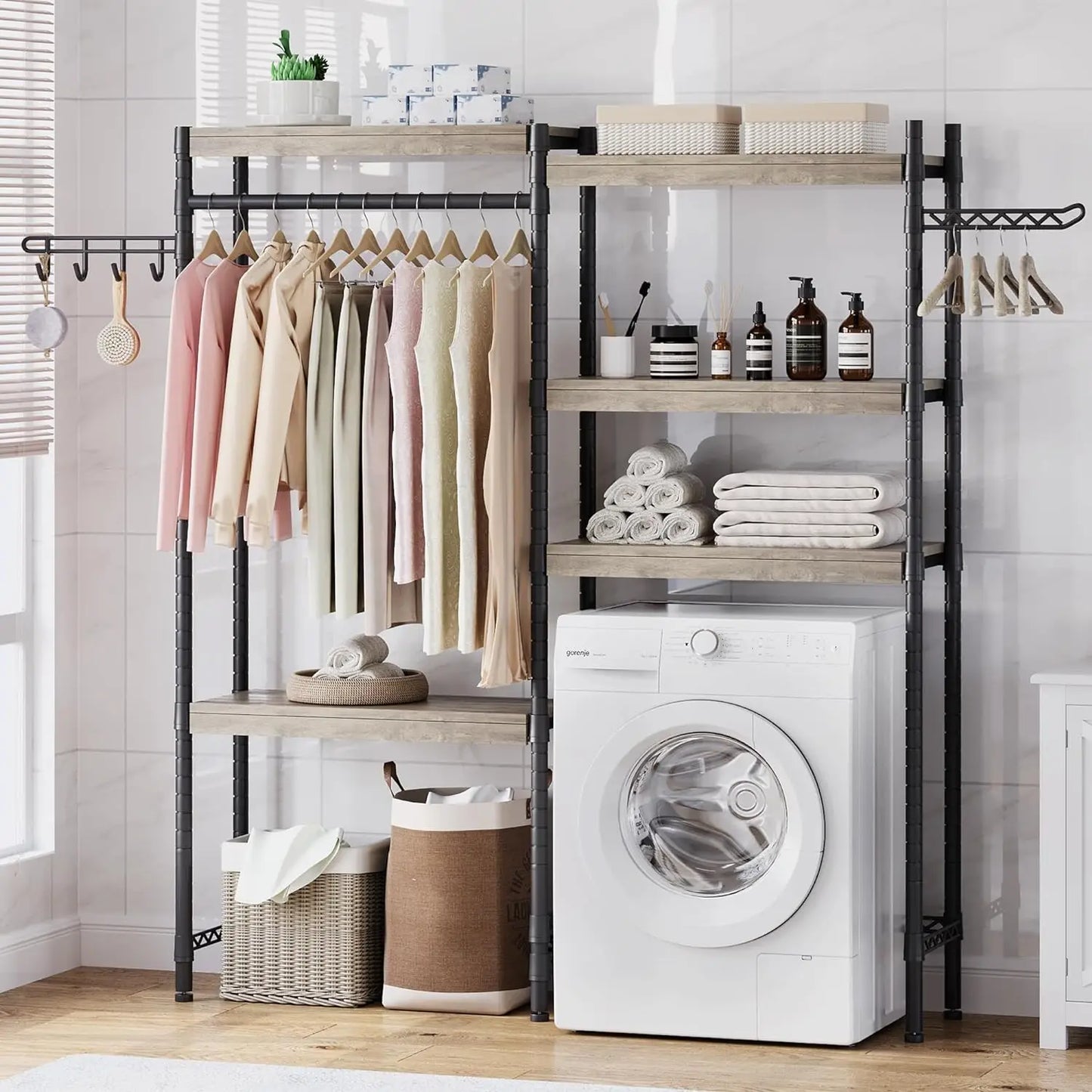 5-Tier Wood Laundry Shelf – Over Washer & Dryer Organizer, Clothes Rack