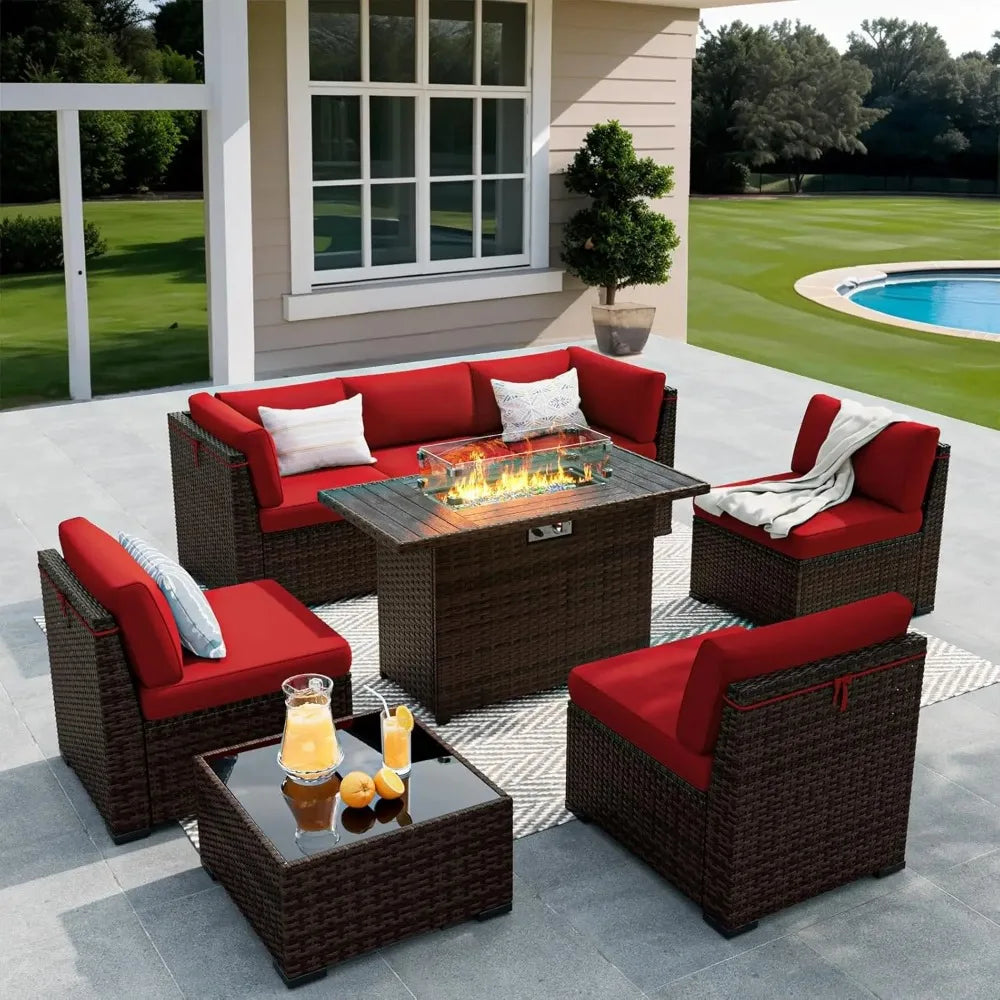8-Piece Outdoor Patio Set with 44'' Gas Fire Pit ā Rattan Sectional Conversation Furniture