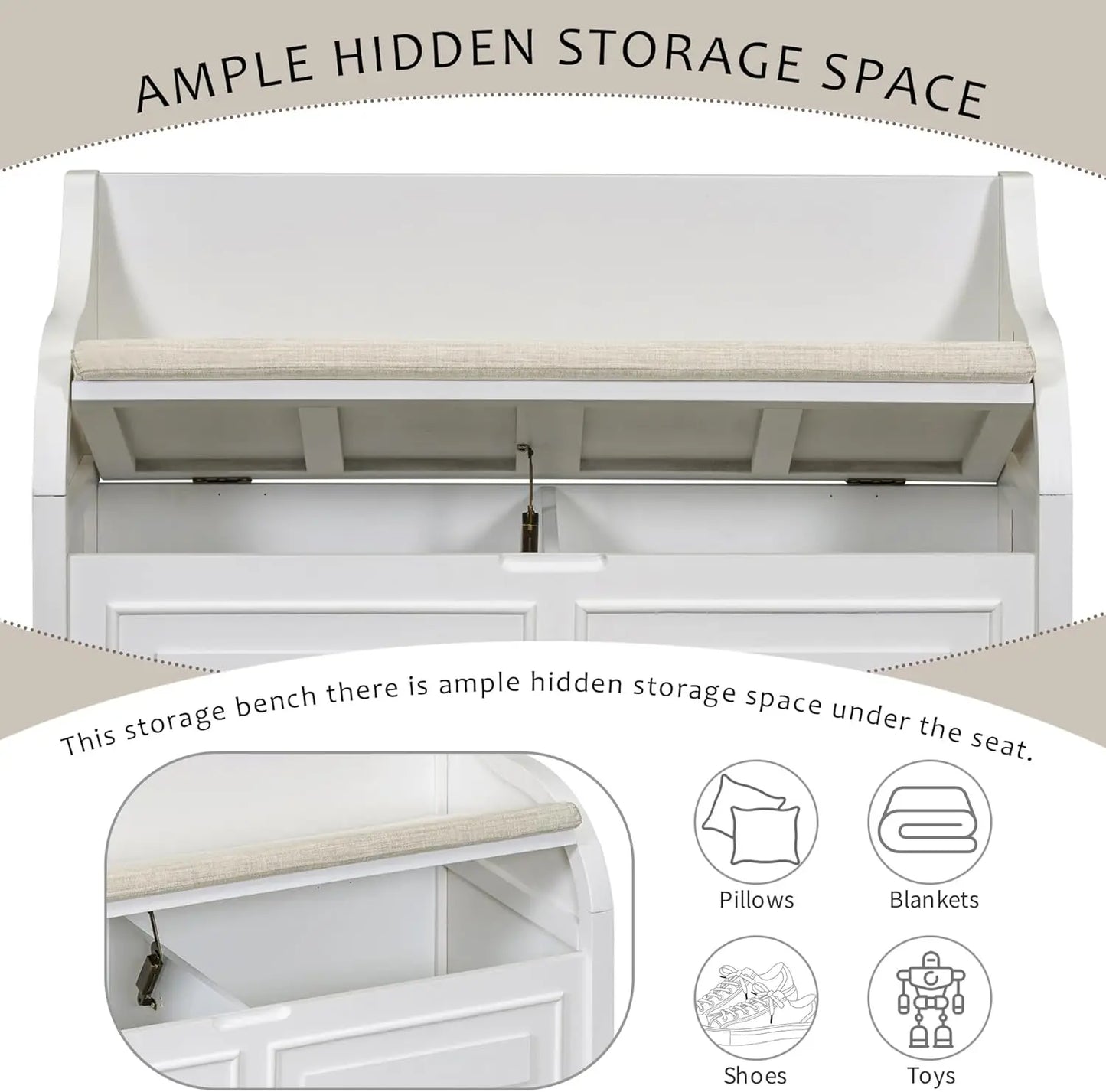 Multifunctional Entryway Wooden Storage Bench with Shoe Cabinet and Safety Hinge