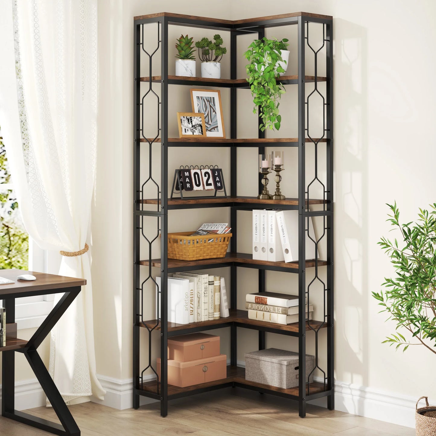 Tribesigns 7-Tier Corner Shelf, Wood & Metal Freestanding Bookcase or Display Shelf