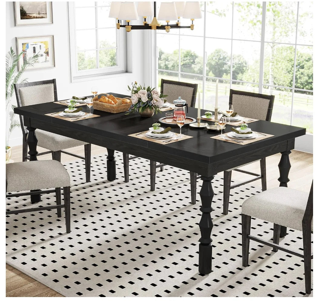 Wood Black Dining Table for 4-6 People, Farmhouse Large Rectangle Kitchen Table