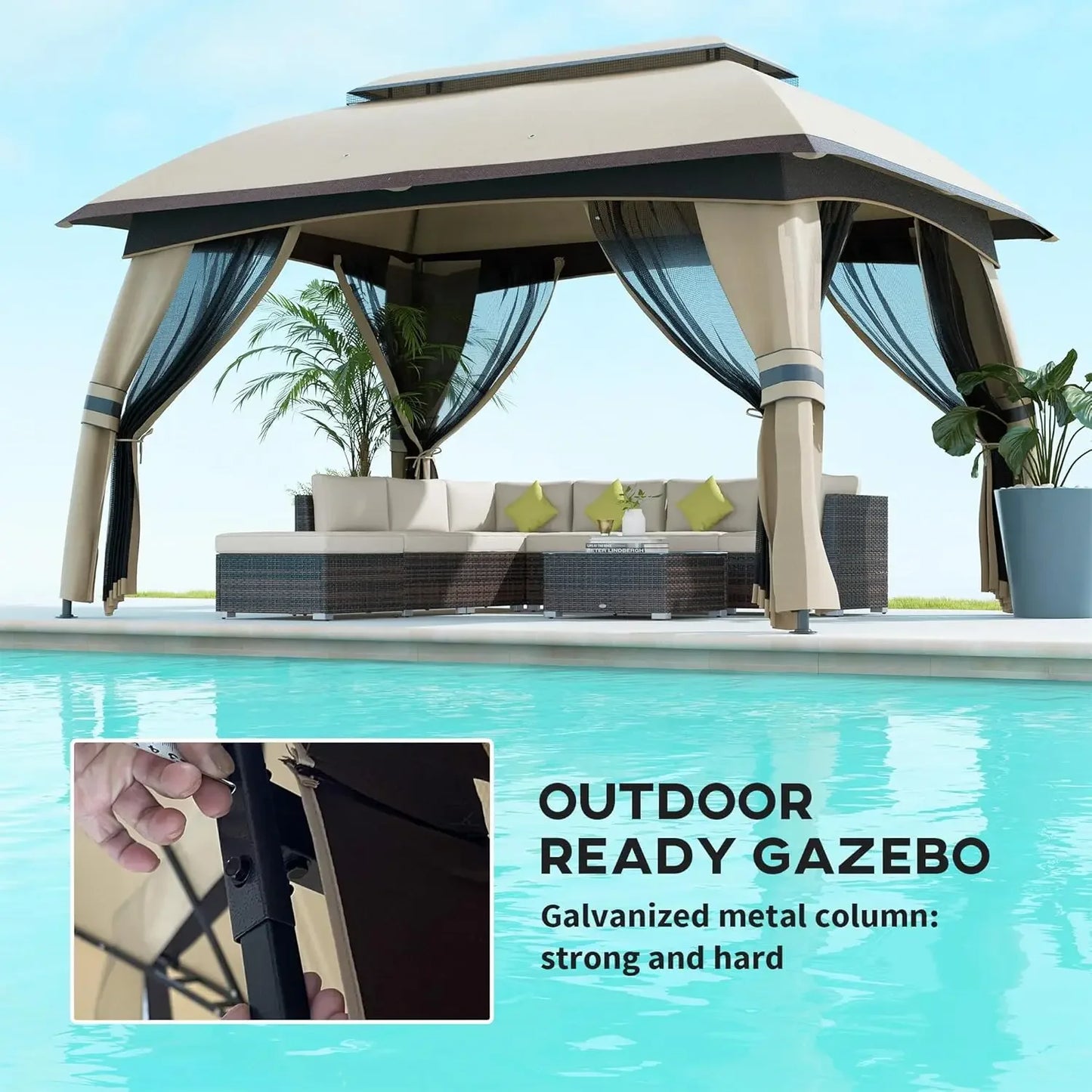 ✅ 10' x 13' Patio Gazebo with Netting – Beige Canopy Shelter, Sturdy Steel Frame