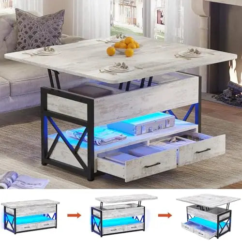 40" Lift Top Farmhouse Coffee Table with Storage, 2 Drawers & LED