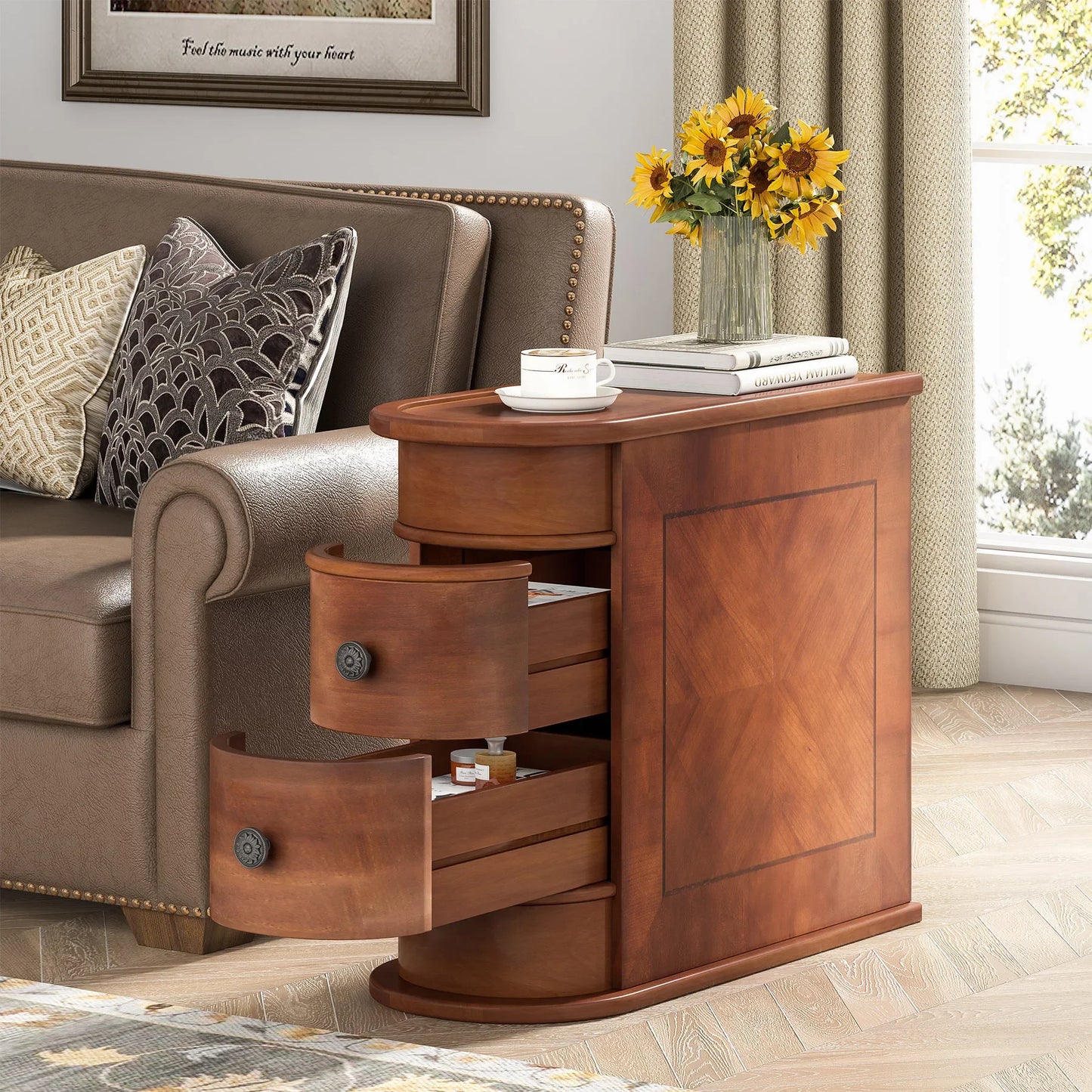 Tribesigns Narrow Bedside Nightstand with Round Solid Wood, 2 Drawers