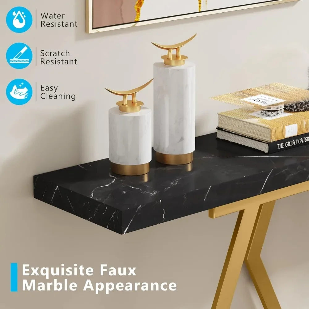 70.9" Extra Long Console Table, Faux Marble Top, Modern Table with Gold or Black Frame