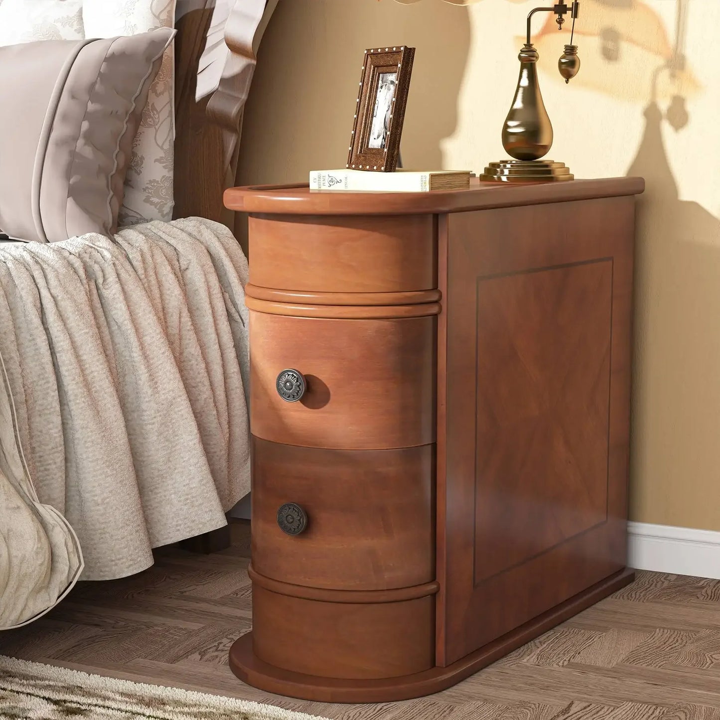 Tribesigns Narrow Bedside Nightstand with Round Solid Wood, 2 Drawers