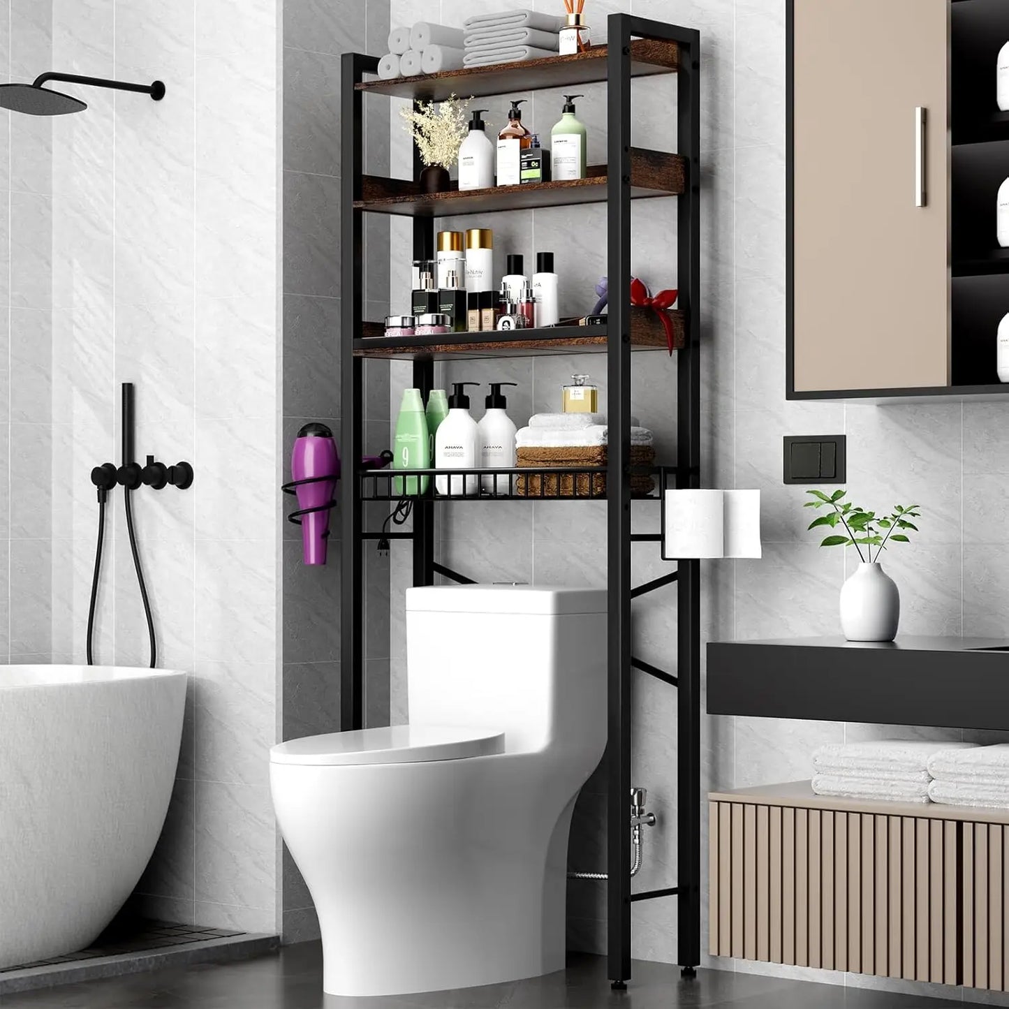 4-Tier Over-the-Toilet Storage Cabinet with Adjustable Shelf & Basket